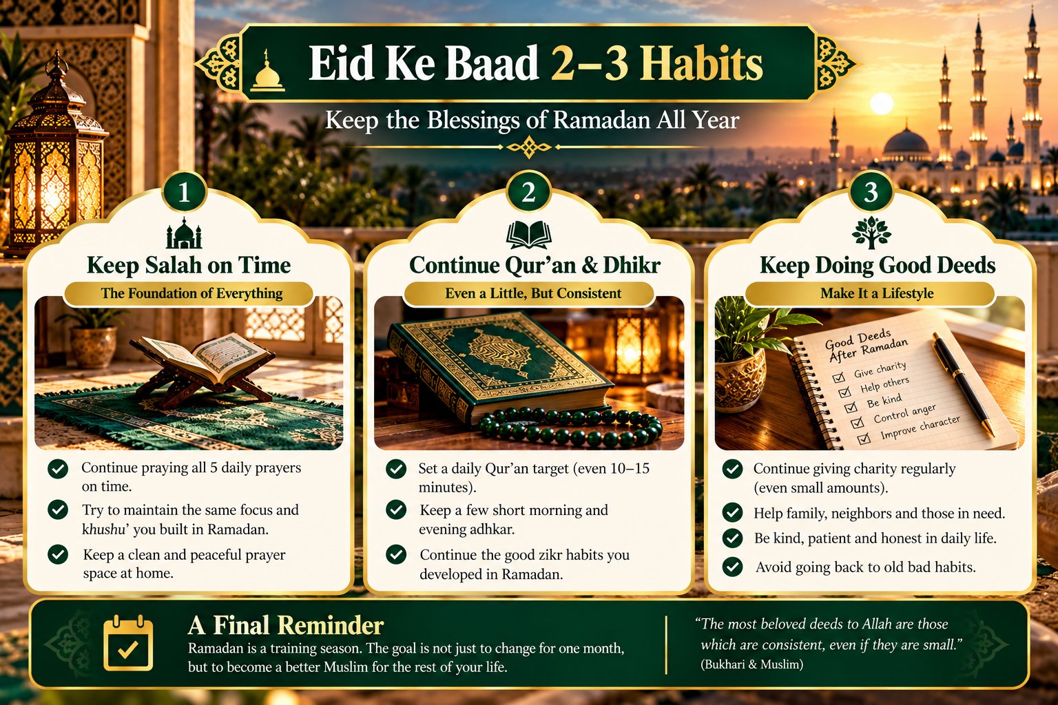 Infographic of habits to keep after Ramadan: keep salah on time, continue Quran and dhikr, keep doing good deeds
