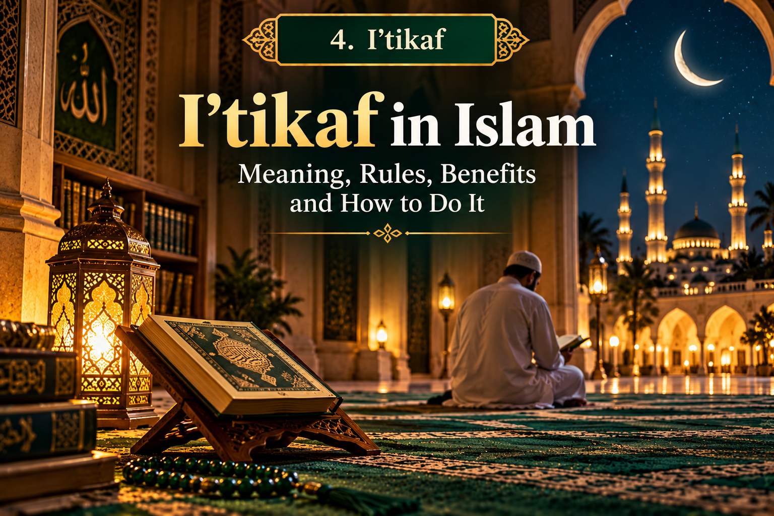 Quiet masjid interior with Quran stands and soft light, a setting for I'tikaf in Ramadan