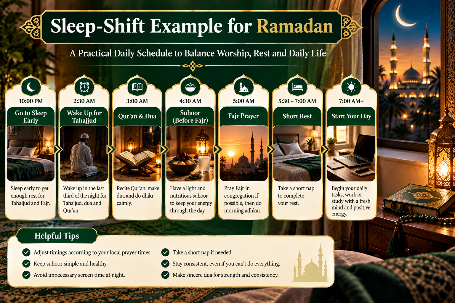 Example of shifting your sleep in the two weeks before Ramadan, worked backwards from your Fajr time