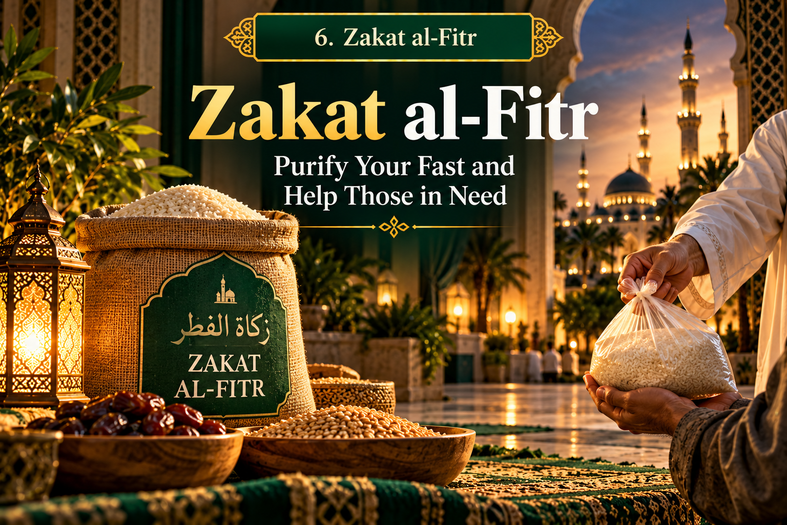 Basket of dates and staple foods prepared as Zakat al-Fitr before Eid